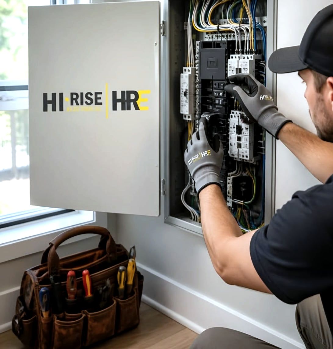 Electrician in branded gloves working in open panel with branded door